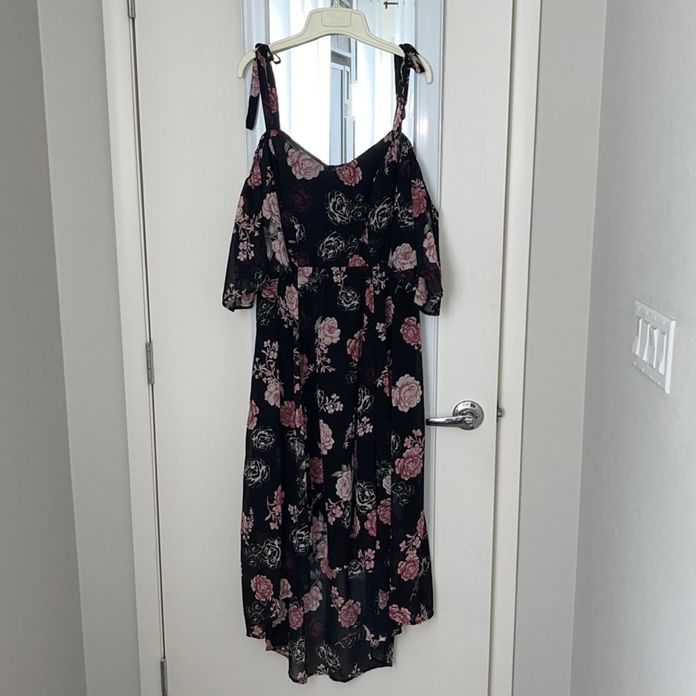 Torrid ColdShoulder BlackPink Floral HighLow Dress